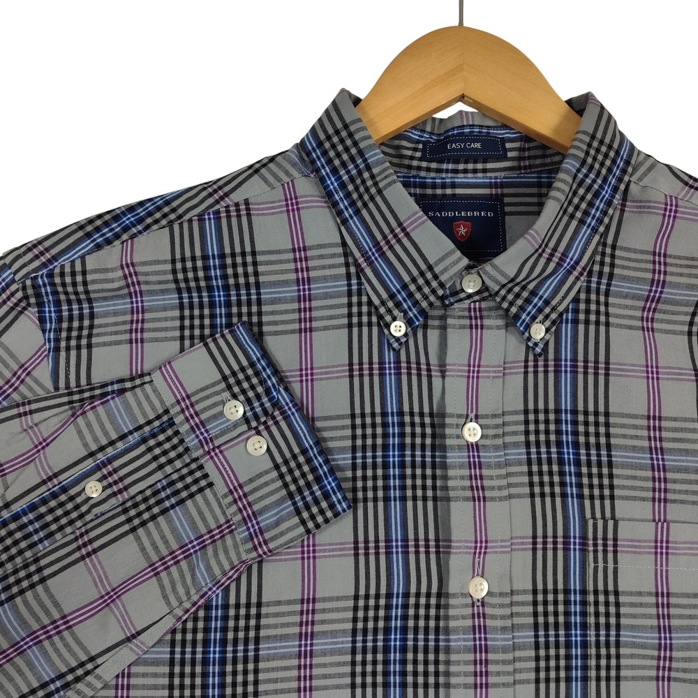 Saddlebred Mens XL Grey Blue Purple Plaid Button Down Shirt Easy Care LS